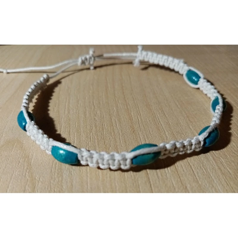 Bracelet En Coton Blanc Et Perles De Bois Bleu