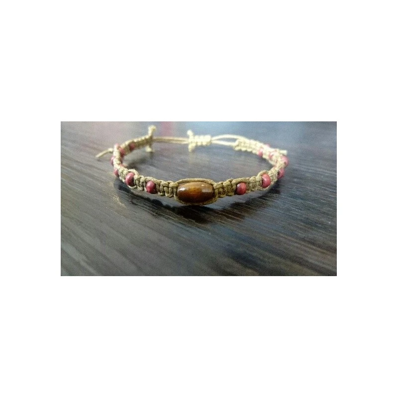 Bracelet Marron Et Rouge Coton Et Bois
